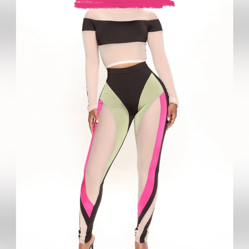 2 piece mesh leggings set, color block
